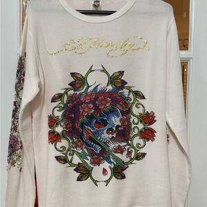 Ed Hardy White Long Sleeve Tee with Multicolor Skull Design
